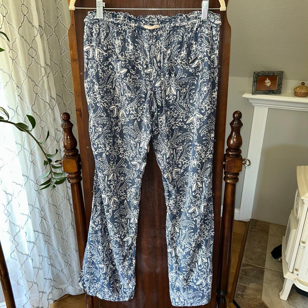 Roxy Women's Large Linen Blend Pants Blue beach flair Elastic Waist Boho - Picture 6 of 10
